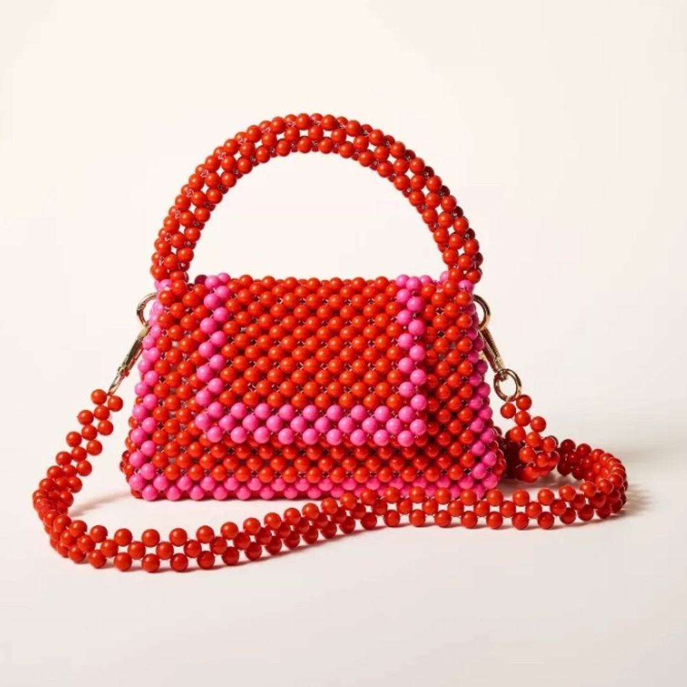Colorblock Beaded Crossbody BagRed and Pink Handbag